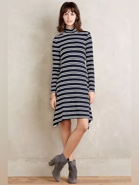 Anthropologie Maeve Turtleneck Swing Dress Navy White Striped Rayon Jersey Size
